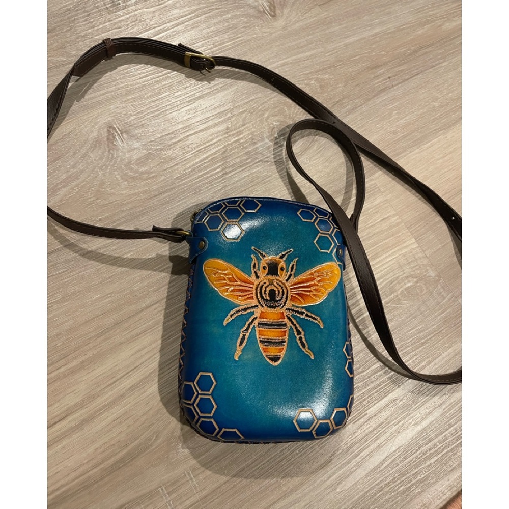 Cowhide leather bag - Bee, painted - dyed - Carved designed- cross body bag